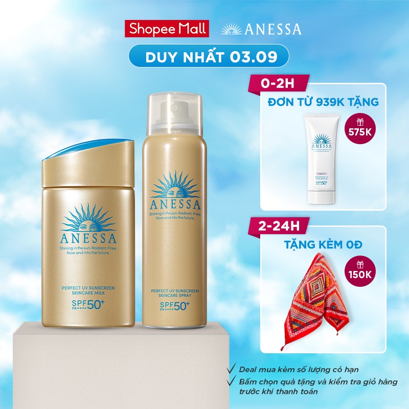 Bộ đôi xịt và sữa chống nắng Anessa(Perfect UV Gold Spray 60g+ Gold Milk 60ml)