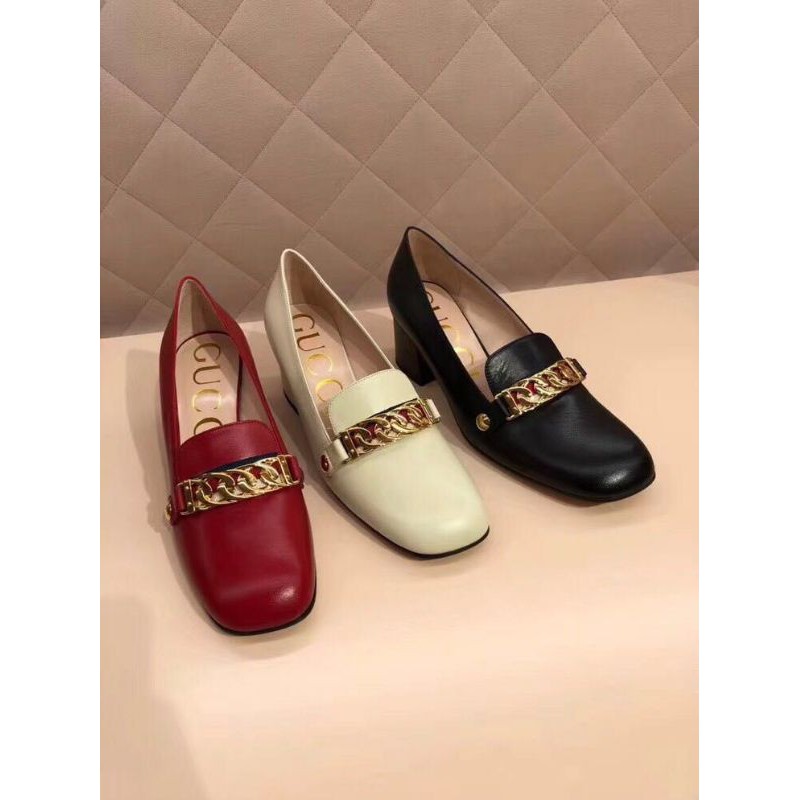 giày cao gót nữ da thật mũi vuông gót 5cm quai xích Gucci GC