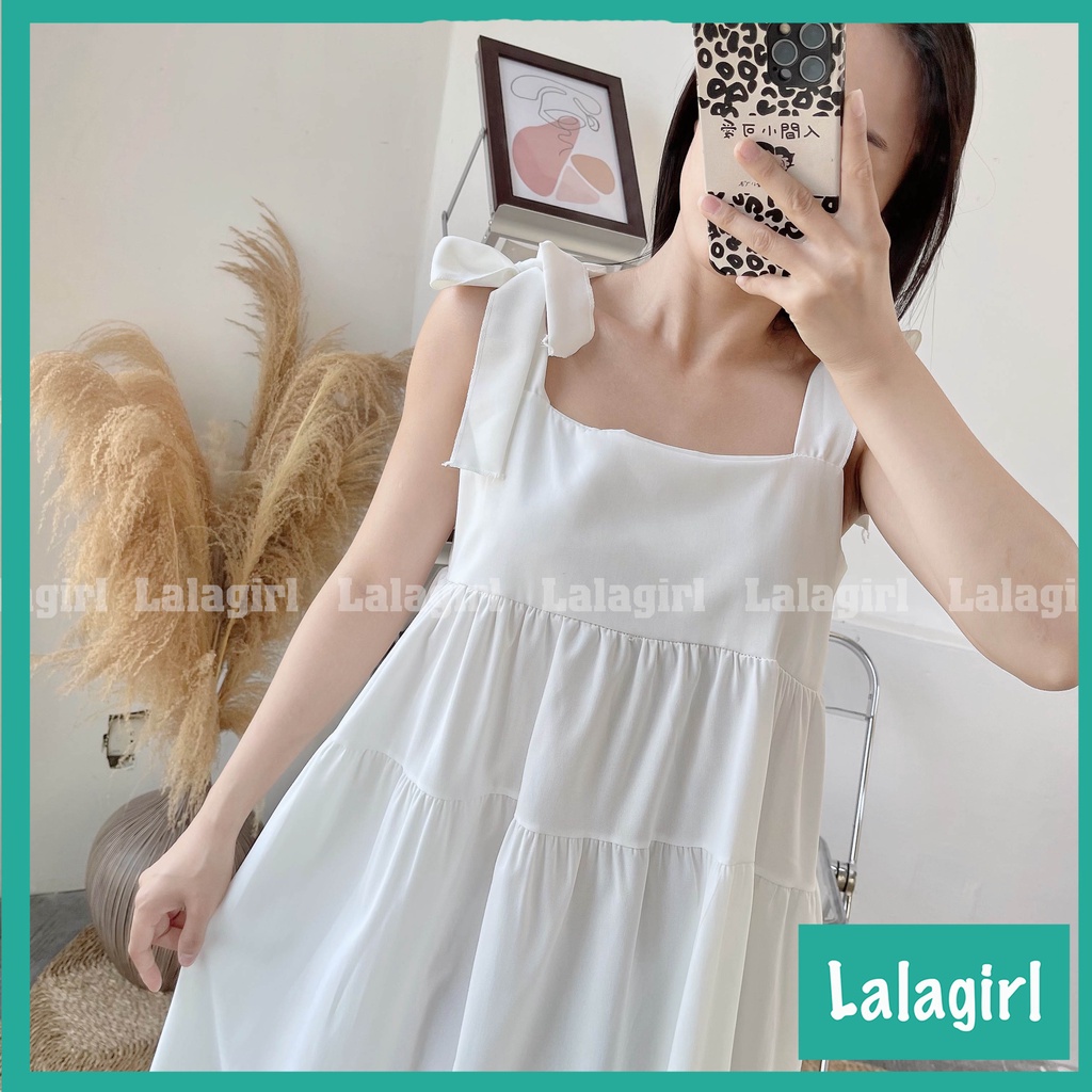 Váy Đầm Nữ 2 Dây Bản To Buộc Nơ 3 Tầng, Váy Nữ Babydoll Trơn Dáng Dài 2 Màu