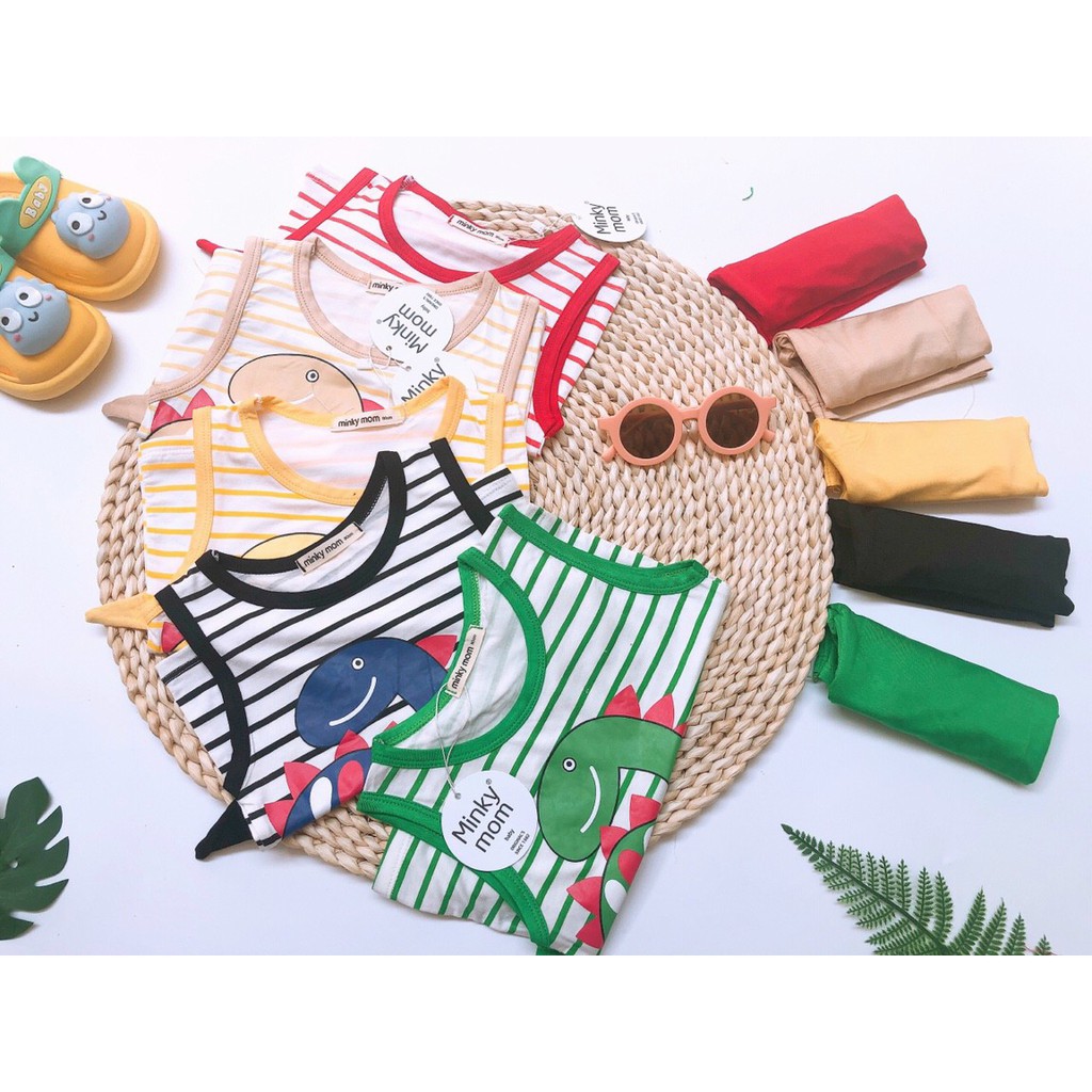 [HCM] Bộ Quần áo trẻ em, mẫu ba lỗ sọc khủng long, vải cotton thun lạnh chính phẩm Minky Mom