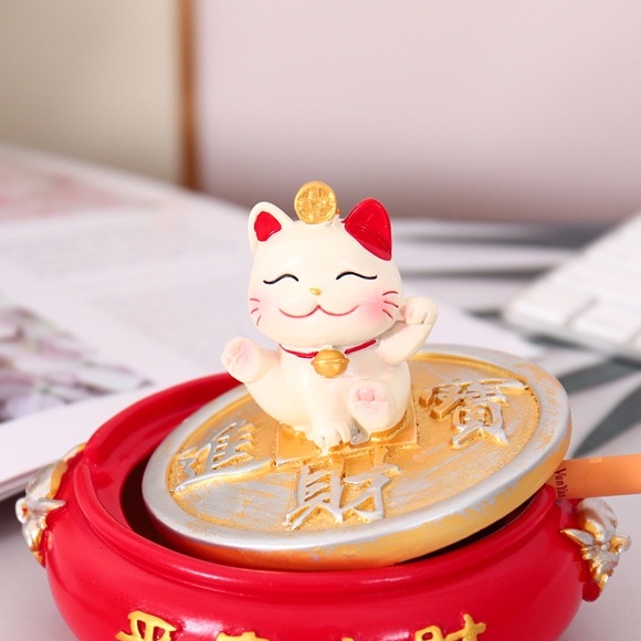 Gạt Tàn Thuốc Hình Mèo Thần Tài Có Nắp Đậy Để Bàn Làm Việc Tại Nhà