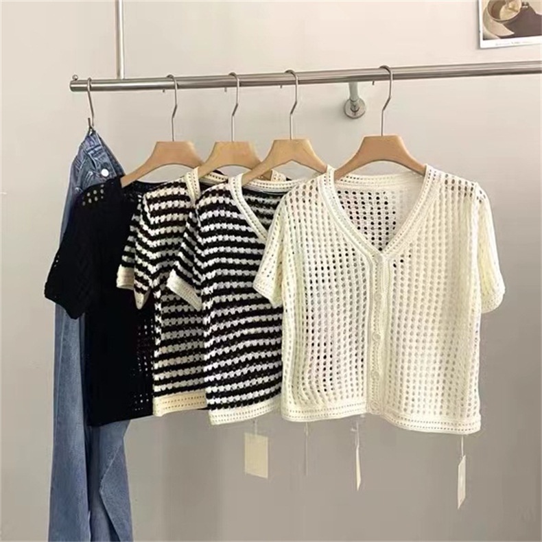 Áo len kẻ cộc tay cổ V cài cúc hàng Quảng Châu hót hít - Áo khoác len cardigan mỏng hot hit