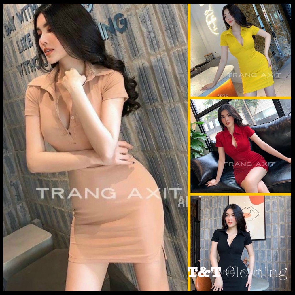 Đầm body trơn cổ bẻ gài nút | Đầm ôm sexy tôn dáng 💃By 23t.shop | BigBuy360 - bigbuy360.vn