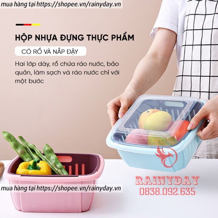 Khay nhựa để đựng đồ thức ăn thực phẩm trong tủ lạnh hộp vuông có rổ nhựa và nắp đậy 2 lớp đa năng