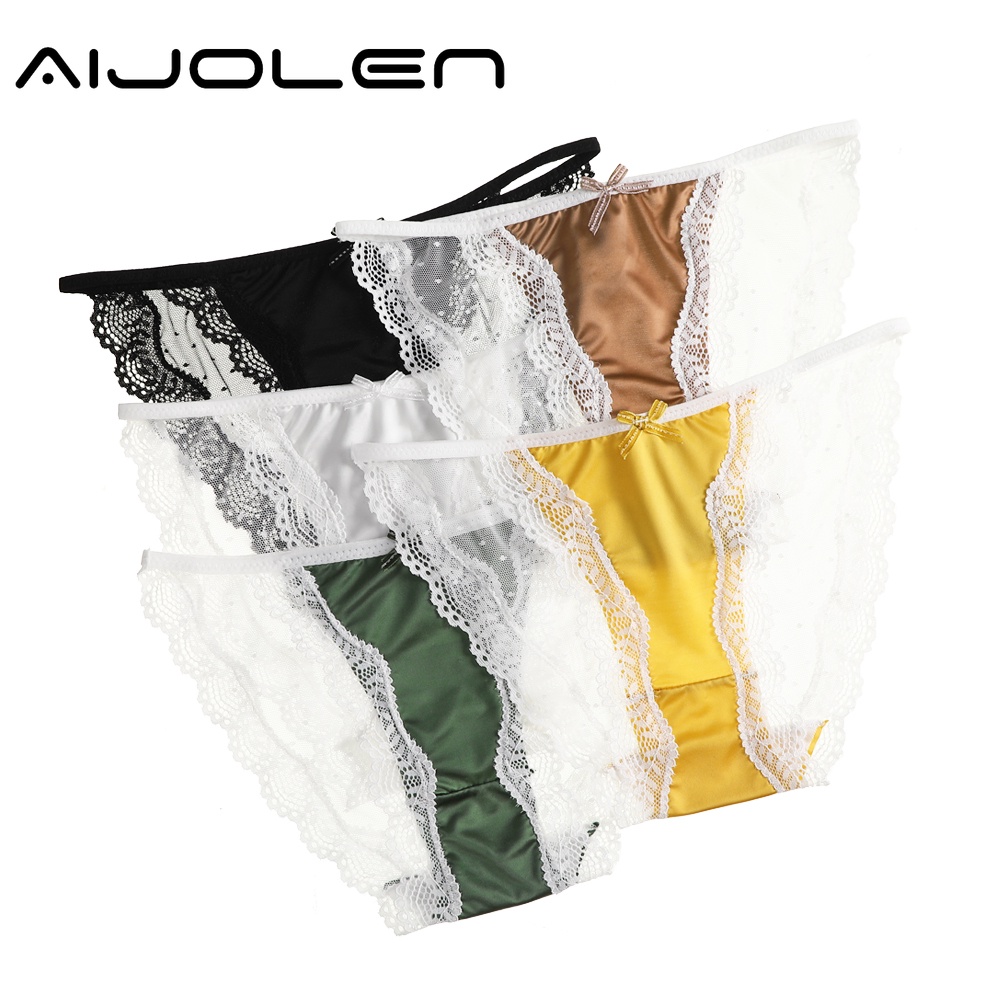 Quần Lót Aijolen Bằng Lụa Satin Phối Ren Mỏng Nhẹ Thoáng Khí Phong Cách Gợi Cảm Cho Nữ
