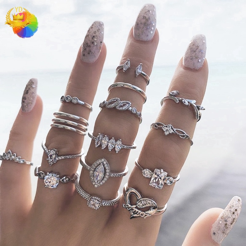 Set 15 Nhẫn Bạc Đính Đá Phong Cách Bohemian Cổ Điển Dành Cho Nữ HB