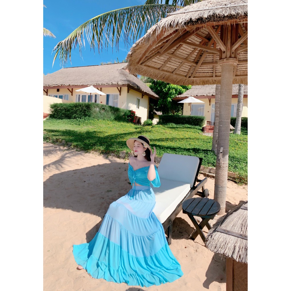 Set đầm maxi phối màu xanh dễ thương, maxi mới nhất