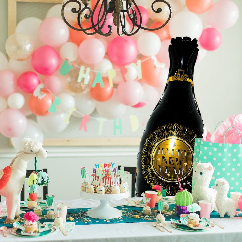 Bộ Bóng Bay Màng Nhôm Hình Chai Rượu Helium Màu Vàng Đen Mừng Năm Mới 2023 Trang Trí Nhà Cửa