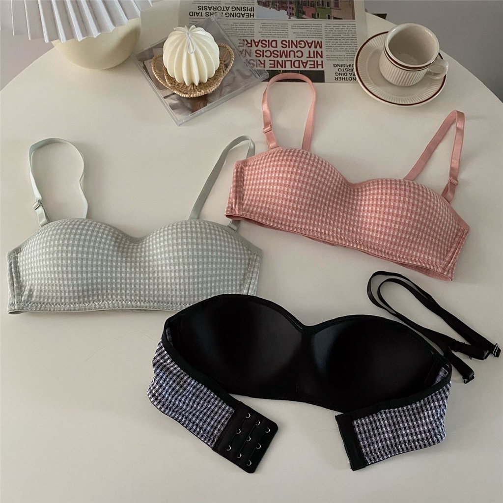 1 Bộ Đồ Lót Nữ Họa Tiết Kẻ Sọc Caro + Áo Ngực Mềm Không Dây Có Thể Tháo Rời | BigBuy360 - bigbuy360.vn