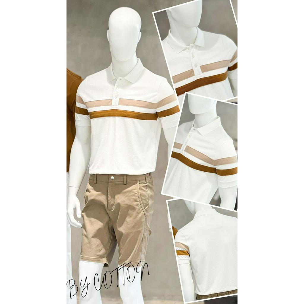 Áo Thun Polo Nam Cổ Bẻ Trắng In Sọc Ngực Nâu BY COTTON Double Brown Stripes Polo
