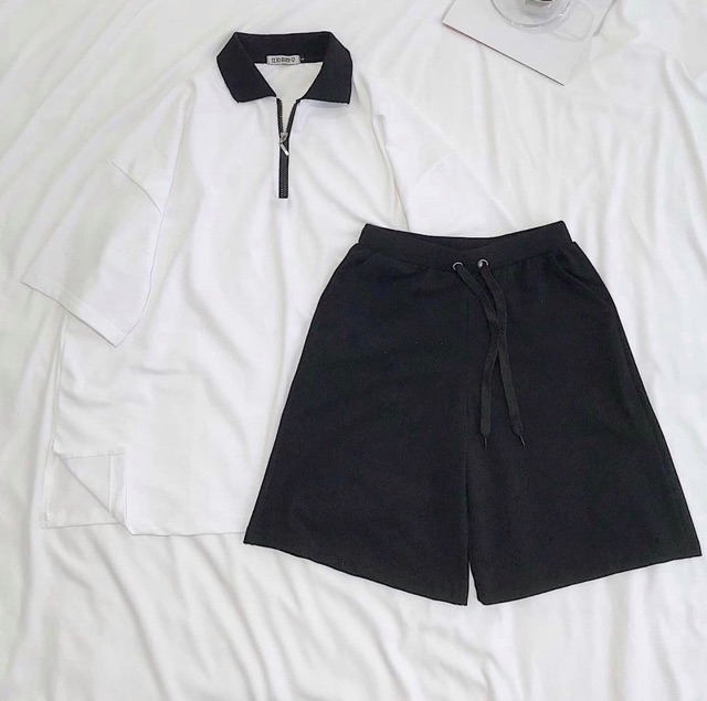 Set áo polo khoá và quần short đen