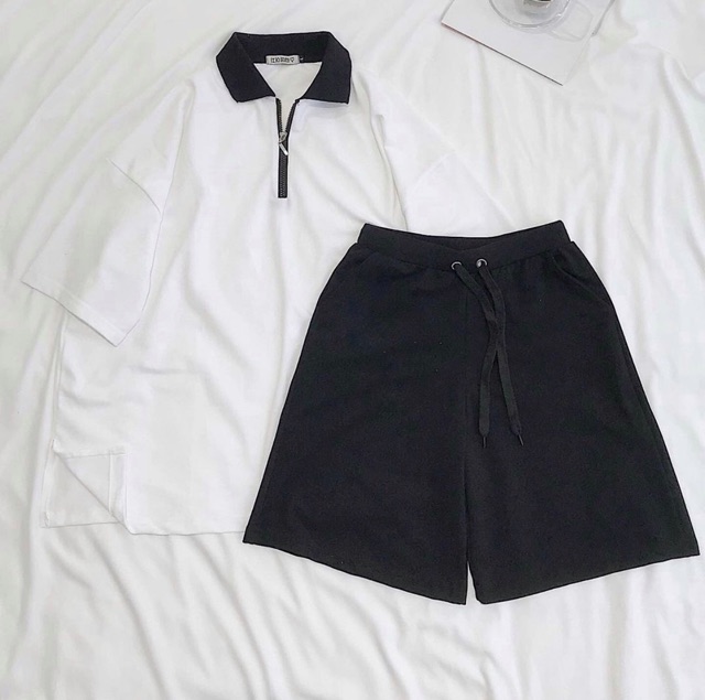 Set áo polo khoá và quần short đen - Luxxy Store
