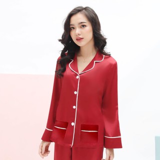 Lilas Blanc Bộ Pijama Lụa Dài Tay Quần Dài Đỏ Phối Viền Lụa Trắng