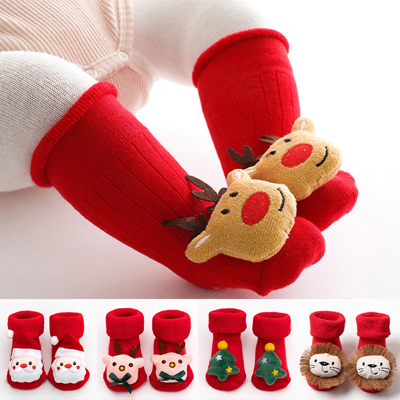 Vớ em bé cotton mềm chống trượt thiết kế hoạt hình Giáng sinh ấm áp mùa thu đông cho bé gái