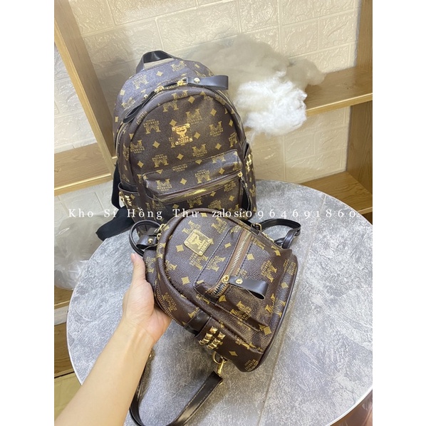 balo thời trang đi học on hoạ tiết chữ m nâu(ảnh thật)