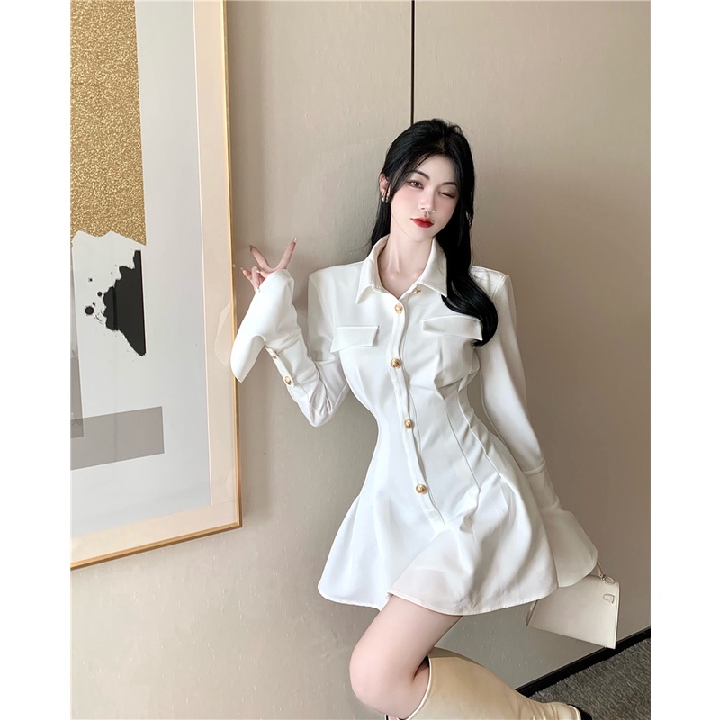 Đầm sơmi dài tay của nữ hàng Quảng Châu cao cấp đầu xu hướng thu đông phong cách ngọt ngào tiểu thư khí chất