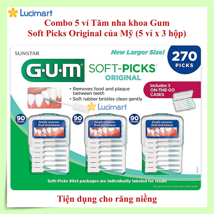 Combo 5 vỉ Tăm nha khoa Gum Soft Picks Original của Mỹ (5 vỉ x 3 hộp 90 cây)