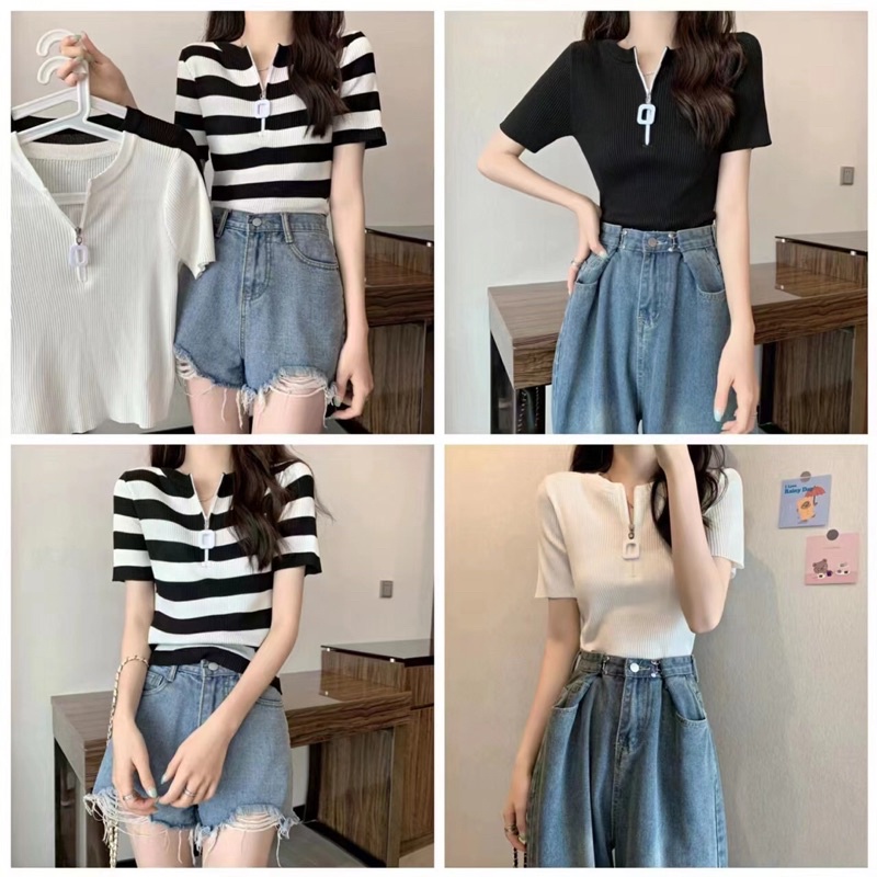 59110. ÁO LEN KHOÁ NGỰC TAY NGẮN