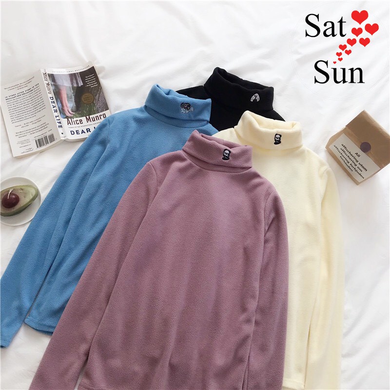 áo nỉ bông lông cừu nữ cao cổ thêu gấu siêu ấm SatSun