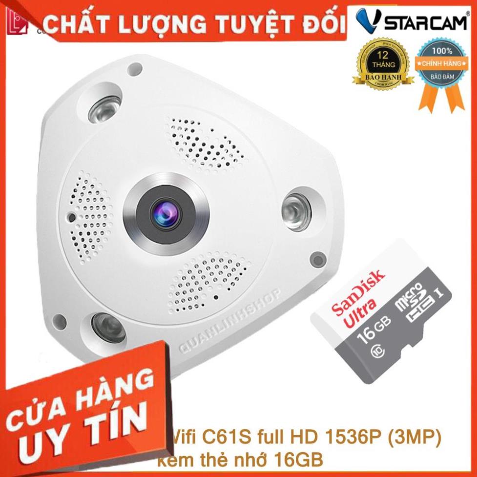 (giá khai trương) Camera Wifi IP Vstarcam C61s Full HD 1536P ốp trần, góc rộng 180 độ kèm thẻ 16GB