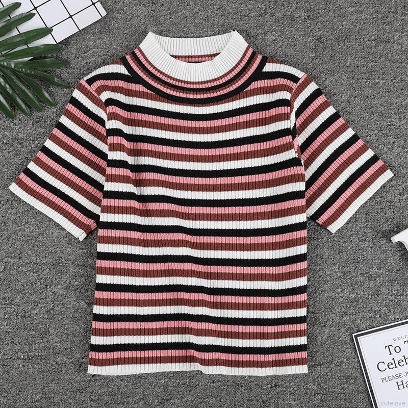 Áo Dệt Kim Tay Ngắn Cổ Lọ Phối Họa Tiết Sọc Ngang Phong Cách Hàn Quốc | BigBuy360 - bigbuy360.vn