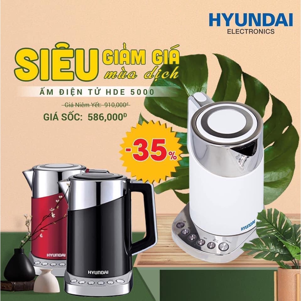 Ấm siêu tốc Hyundai HDE 5000W bình đun nước 1.7L khả năng chịu nhiệt cao nấu nước chín nhanh khóa trẻ em đảm bảo an toàn