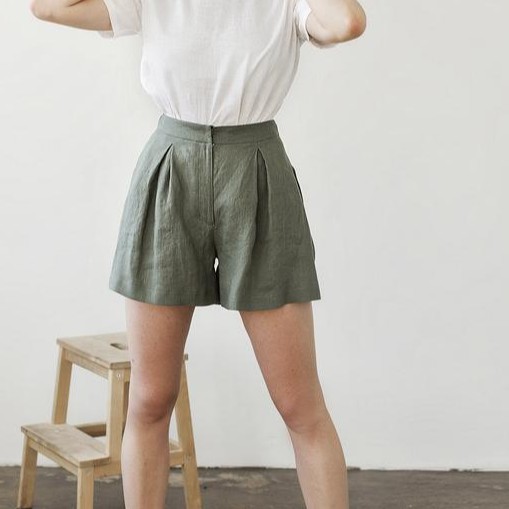 Quần Shorts Cạp Siêu Cao Ông Rộng Chất Thô Đũi Phong Cách Hàn Quốc