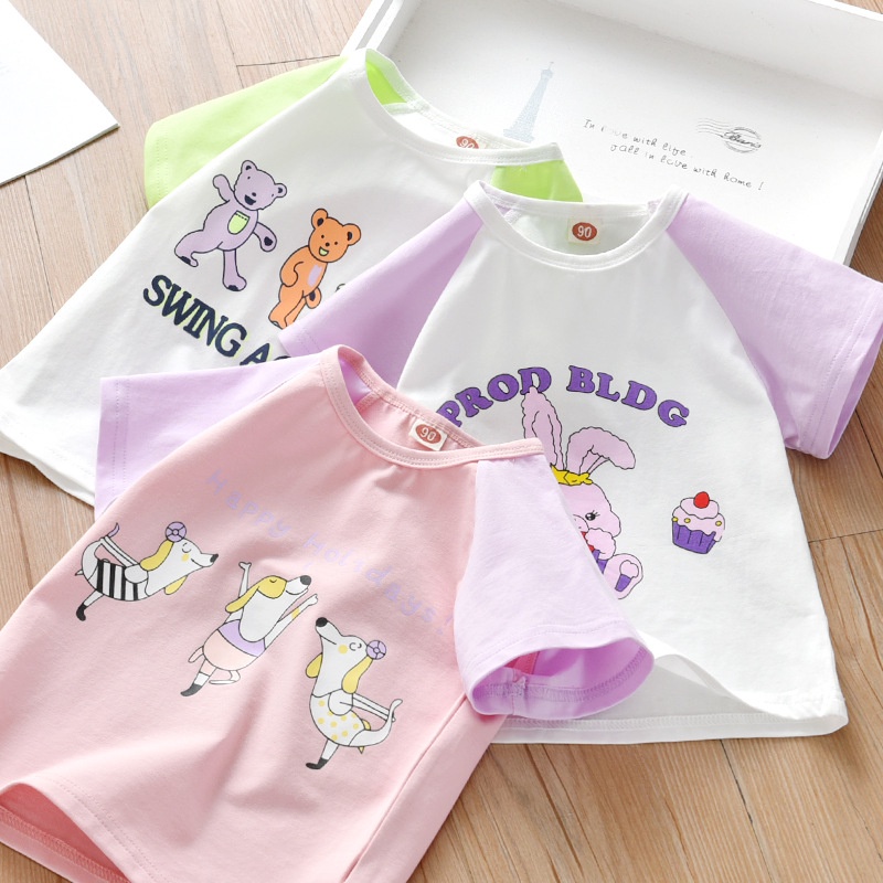 Áo Thun Tay Ngắn In Họa Tiết Hoạt Hình Màu Tương Phản Thời Trang Mùa Hè Cho Bé Gái