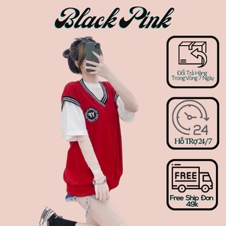 Set Áo Gile Đỏ Huy Hiệu Viền Cổ Kèm Áo Trắng Black Pink Store