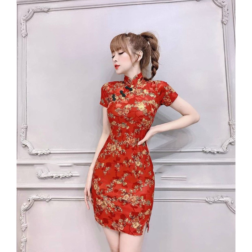 Sườn Xám Siêu Xinh Ôm Body Trẻ Trung, Họa Tiết Hoa Văn Màu Đỏ Thanh Xuân
