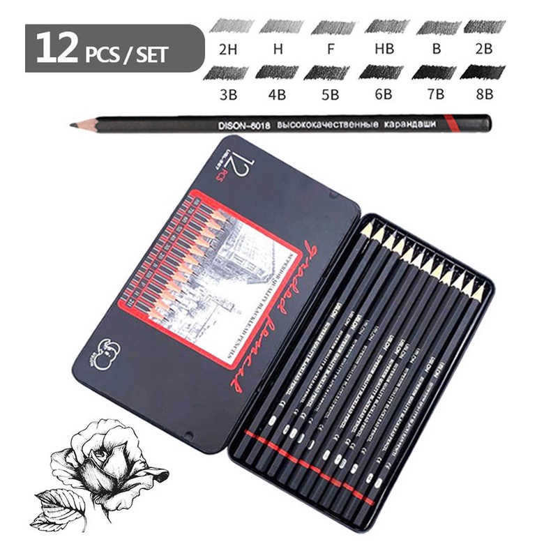 Bộ bút chì than chì 12 CÁI / LOT 6H-14B Bộ bút chì phác thảo chuyên nghiệp Nghệ thuật Đồ dùng học tập Văn phòng phẩm