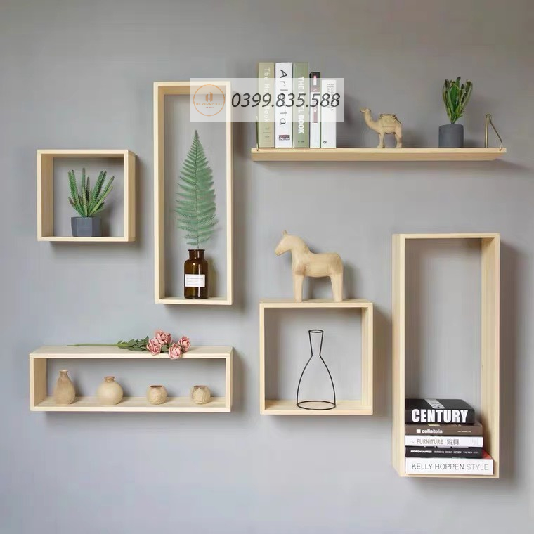 Combo 6 kệ gỗ trang trí treo tường gỗ MDF cao cấp phong cách tối giản hiện đại đầy đủ phụ kiện dễ dàng lắp ghép