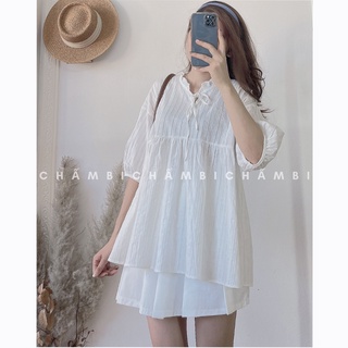 Set áo váy ullzang S.051, Set áo babydoll trắng và chân váy xếp ly trắng có chun sau cực xinh
