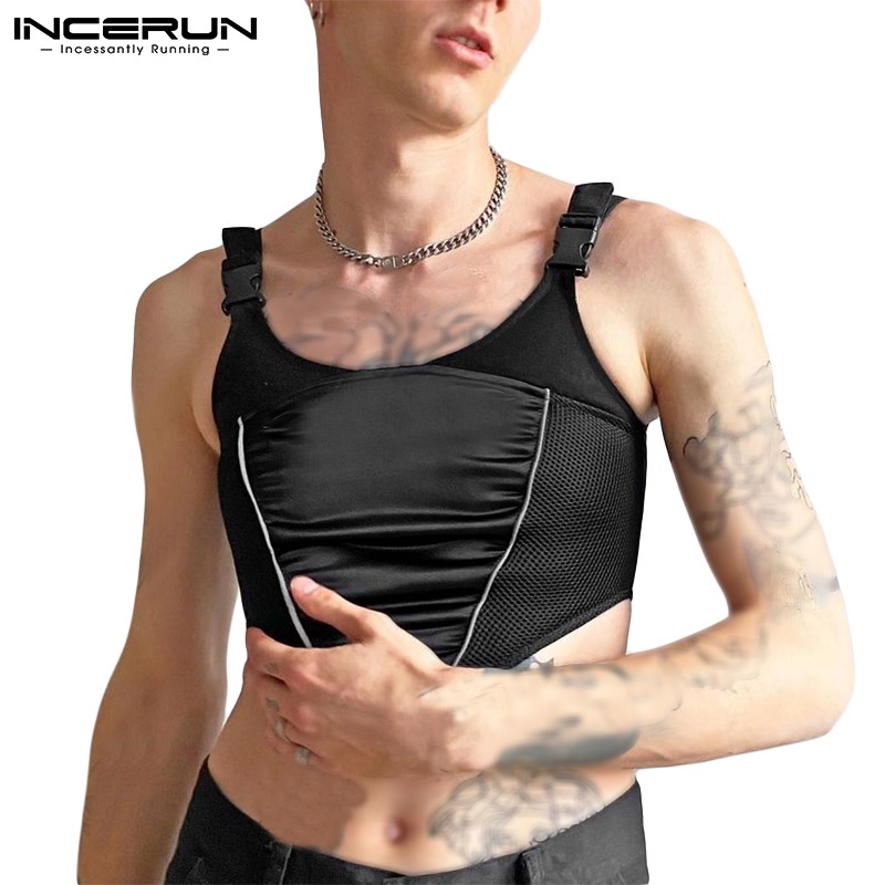 Áo lửng INCERUN màu đen có dây kéo thiết kế đơn giản quyến rũ cho nam