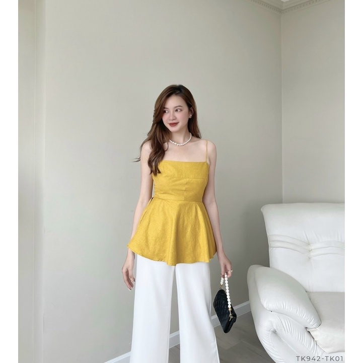 ÁO HAI DÂY MÀU VÀNG CÓ ÁNH NHŨ DÁNG PEPLUM SANG CHẢNH SUN FASHION