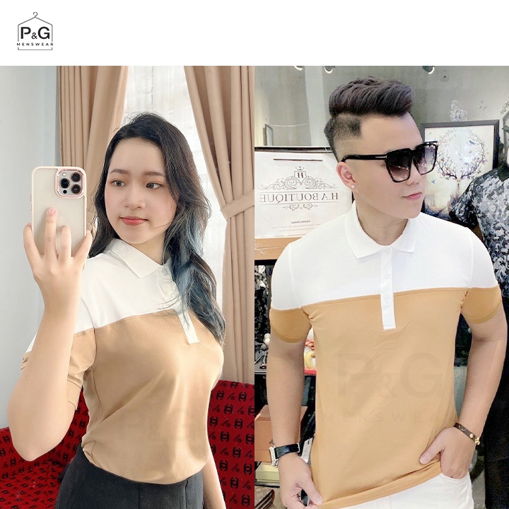 Áo Thun Polo nam nữ cặp đôi Premium, tay ngắn, cổ trụ - màu kem, phối ráp ngang