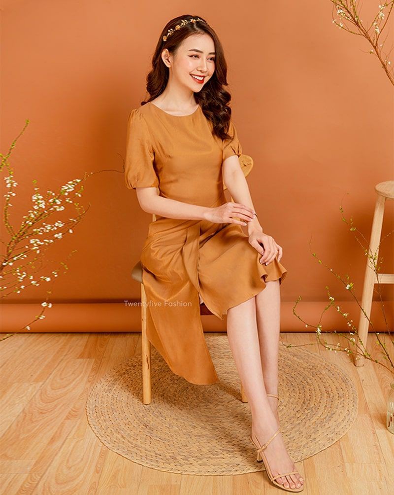 Đầm nữ dự tiệc đắp tà dáng ôm cổ tròn tay bồng Twentyfive N2100