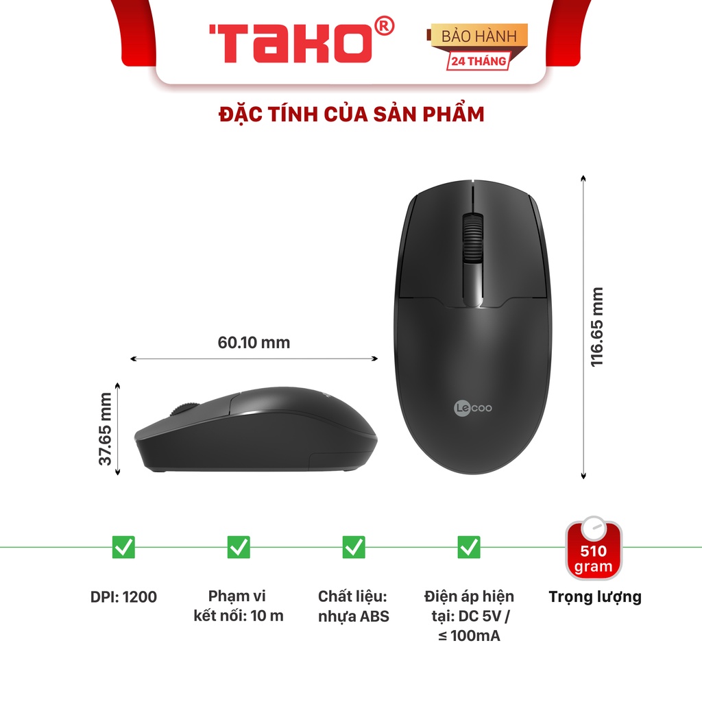 Chuột máy tính không dây LECOO WS204 dành cho dân văn phòng . Chính hãng, BH 24 tháng