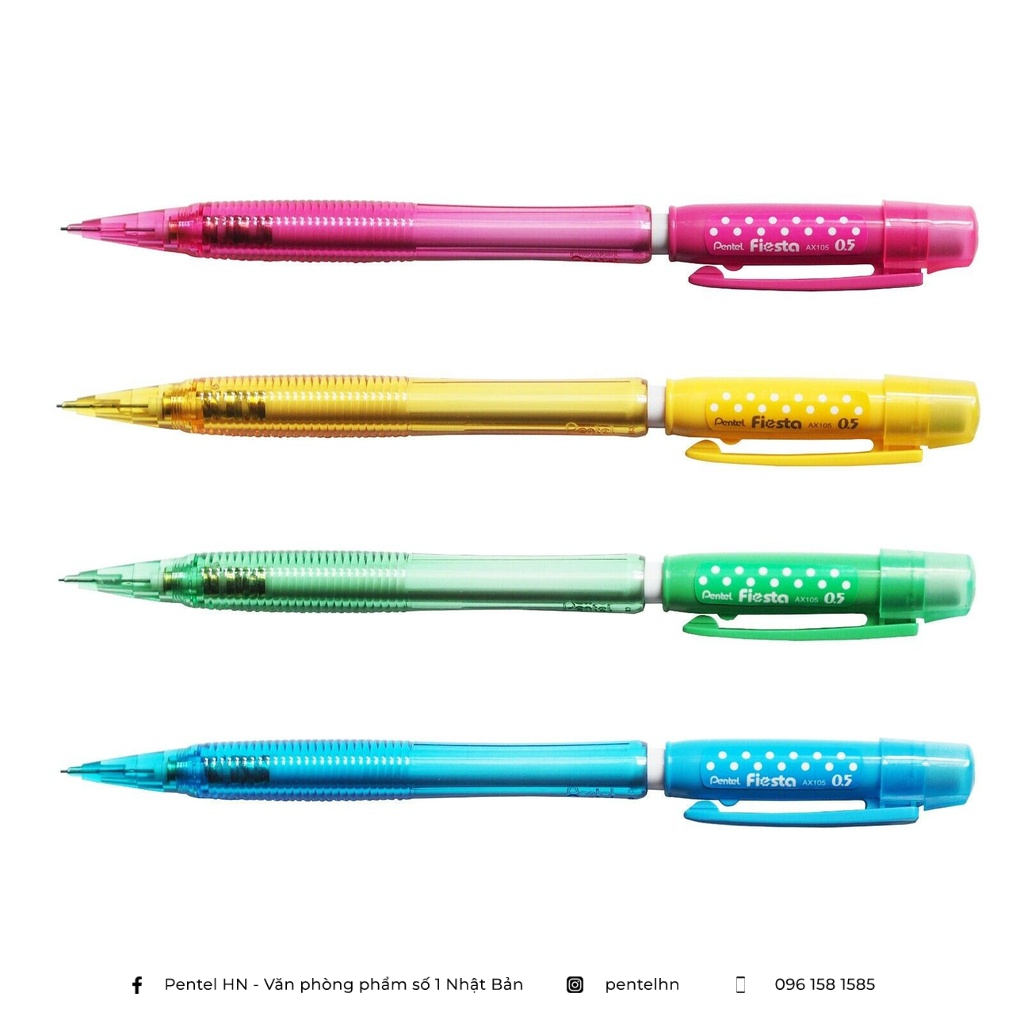 Bút Chì Kim Pentel Fiesta AX105C Ngòi 0.5mm | Thiết Kế Hiện Đại | Trang Bị Đầu tẩy | 4 Màu Vỏ