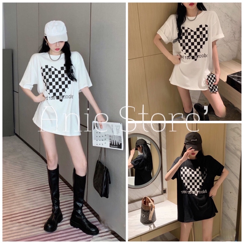 Áo Phông Trái Tim Ô Vuông Unisex 🦋 Áo Thun Nữ Cộc Tay Cổ Tròn Dáng Rộng In Hình 2 Màu 🦋