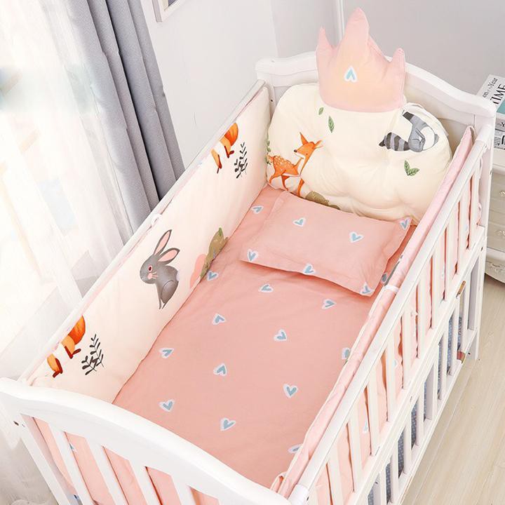 Bộ quây cũi 4 mặt có đệm và gối 3 màu lựa chọn.Quây cũi vải cotton mềm mại gồm 6 món HAPPY HOME