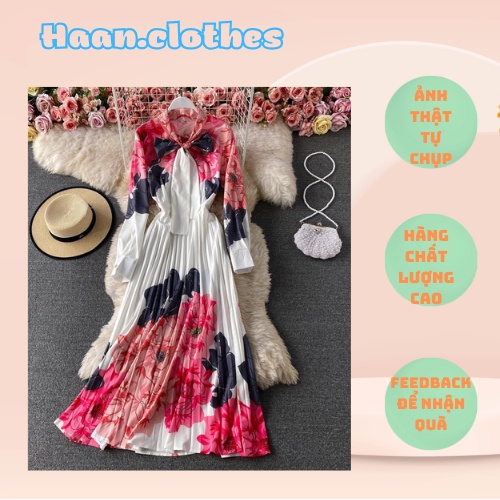 Đầm tay dài dáng suông thắt nơ xếp ly phần dưới có size