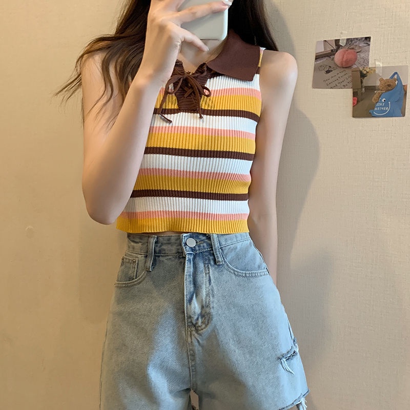 Áo Hai Dây Cổ polo Họa Tiết Kẻ Sọc Màu Sắc Tương Phản Thời Trang Cho Nữ