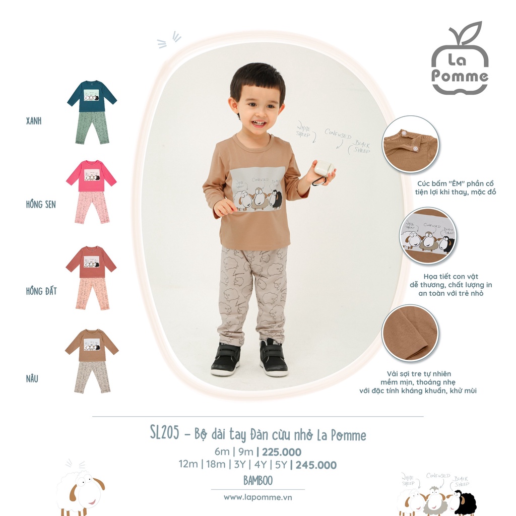 Bộ La Pomme dài tay vải Bamboo cao cấp mềm mịn thoáng mát thấm hút tốt in đàn cừu nhỏ cho bé trai bé gái SL205