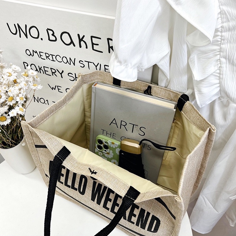 Túi cói đi du lịch Hello Weekend phong cách Hàn Quốc