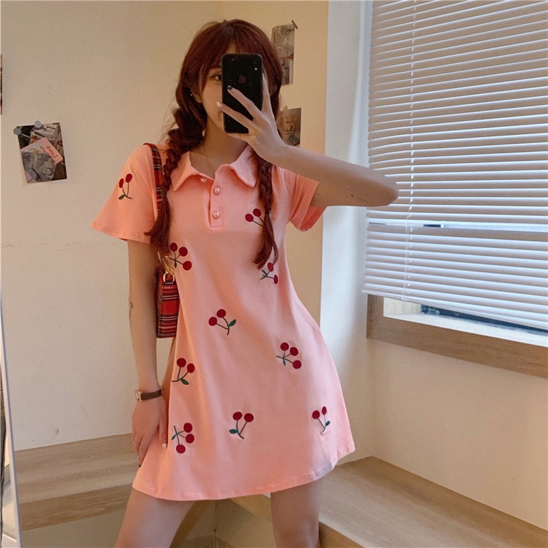 SUXI New Korean Embroidery Cherry Short Sleeve Women Polo Collar Shirt Dress