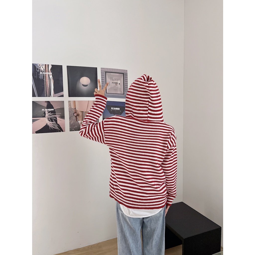 DUNEA Áo Khoác Cardigan Có Nón Họa Tiết Kẻ Sọc Màu Tương Phản Cho Nữ