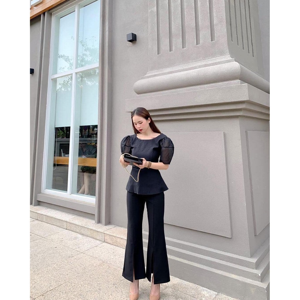 Quần ống loe xẻ chất cotton lạnh cao cấp, dày dặn đứng form dáng Jacki pants hình thật