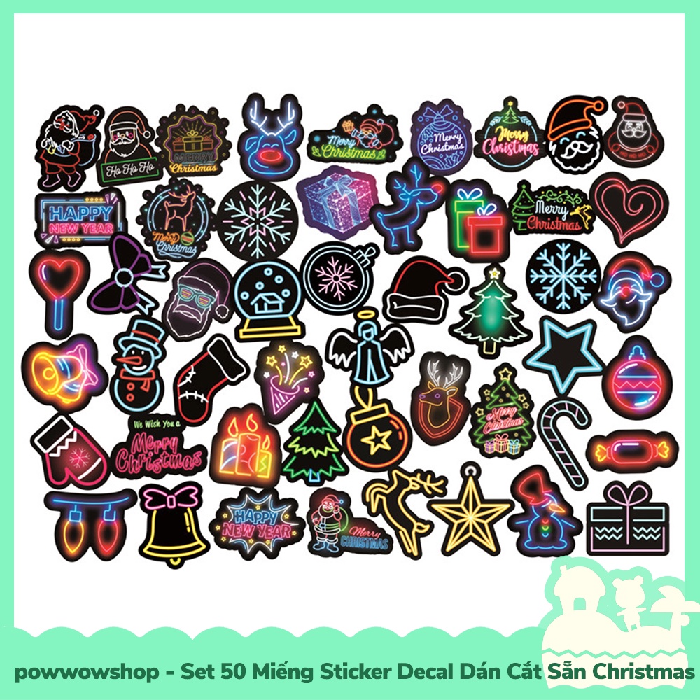 [Sẵn VN - Hỏa Tốc] Set 50 Miếng Sticker Decal Cắt Sẵn DIY Dán Trang Trí Vật Dụng Mẫu Christmas Tree Neon Darken