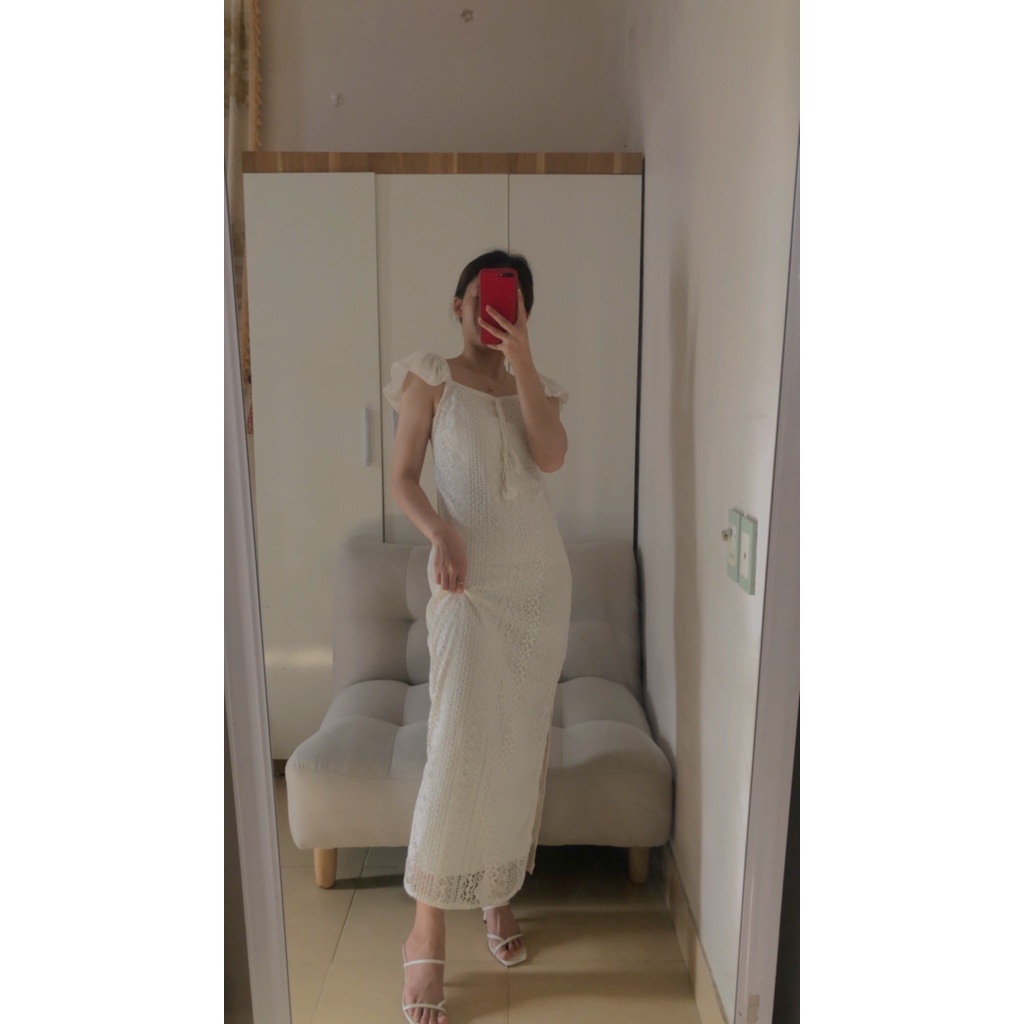 Đầm maxi trắng ren xẻ tà phối tay cánh tiên điệu đà tôn dáng